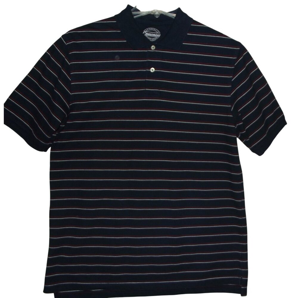 Consensus Polo Shirt Mens Large Navy Blue Striped Pique Cotton Polyester short s